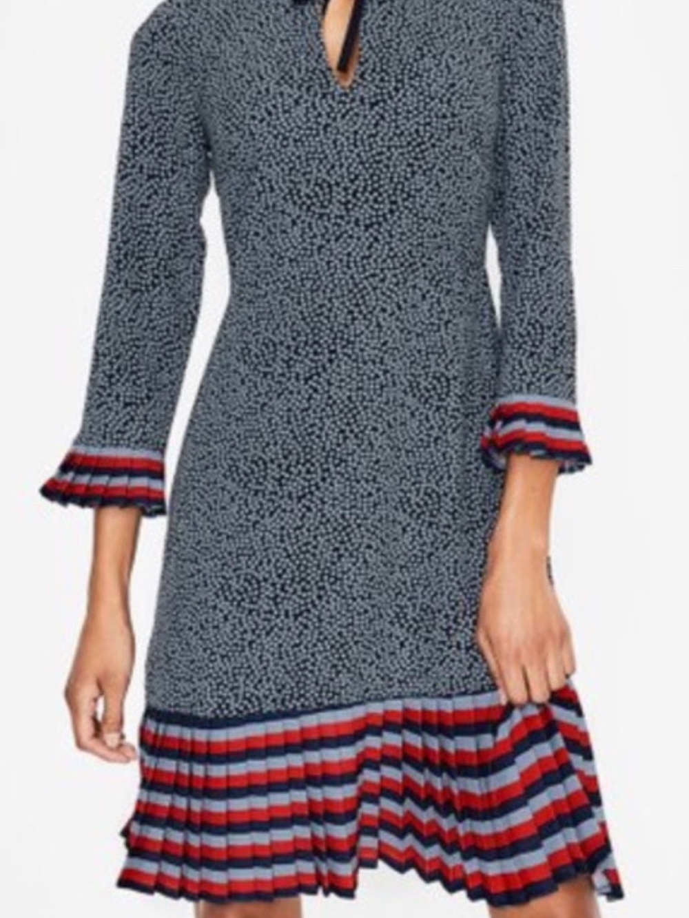 Boden Navy Patterned Midi Dress with Red and Navy Stripe Trim